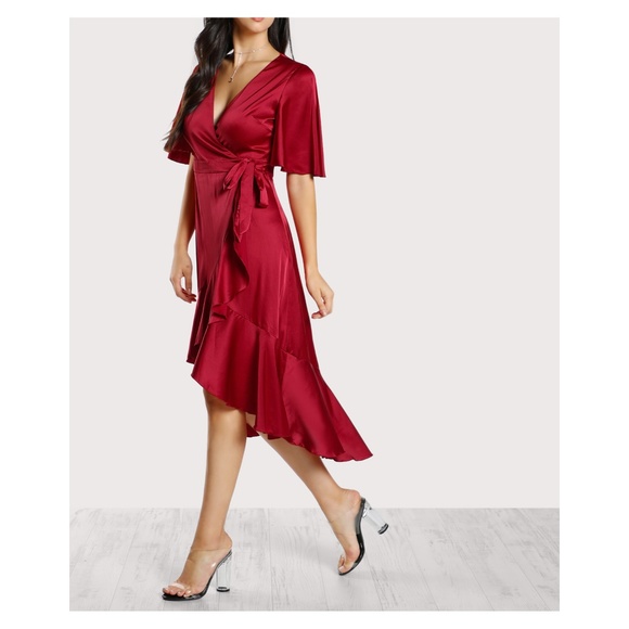 Deep Red Satin Ruffle Wrap Tie Dress - Picture 5 of 5